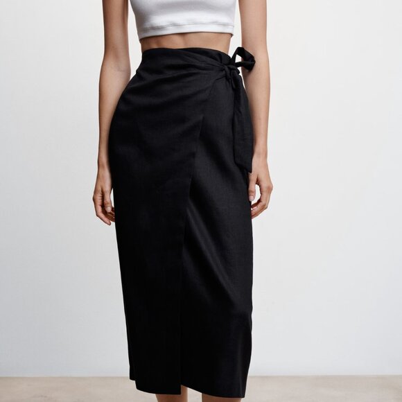 Mango Black Linen Blend Midi Wrap Skirt Size Medium - Picture 1 of 13